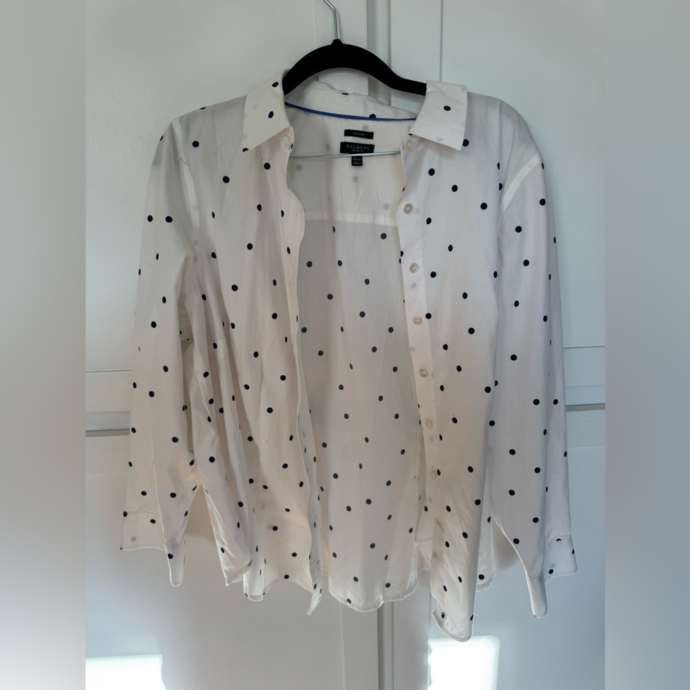 Talbots cotton blend polka dot button-front shirt in white and navy blue